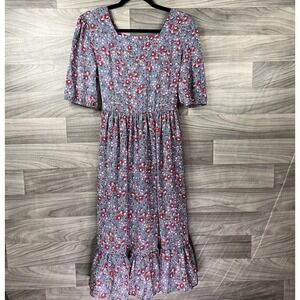 Citrus Lemon Womens Dress Gray Midi‎ Floral Square Neck Short Slv M Granny Core